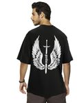 Bewakoof Men's Guardian Wings Graphic Printed T-Shirt Oversized Fit, Round Neck, Half Sleeve_581657_Black_3XL