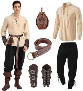 JONRRYIN Conjunto de Ropa Medieval para Hombre, Conjunto de Traje Renacentista para Hombre con Camisa Pirata Medieval para Hombre, Pantalones Medieval, Cinturón, Muñequeras Accesorios (Blanco, XL)