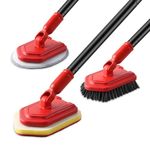 Mitclear 3 in 1 Bathroom Tile Cleaner Shower Cleaning Brush with Telescopic Handle(53IN), Long-handled Tub Scrubber with Stiff Bristles Brush, Sponge Scouring Pad & Microfiber Cloth