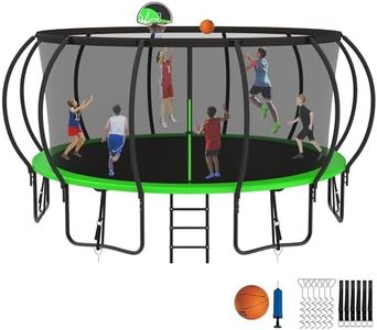 Jump Into Fun 1500LBS 14FT Tranpoline for Adults Kids, No Gap Design Pumpkin Tranpolines, Stakes, Basketball Hoop,Safety Enclosure Net, Ladder-ASTM CPC CPSIA, Classical Green