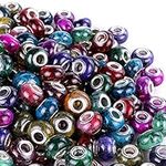 Victlov 100 Pieces 14mm European Large Hole Spacer Beads Mix Color with Silver Brass Cores Assortments Charm Lampwork Beads Supplies for Necklace Bracelets Jewelry Making (Ink Pattern)