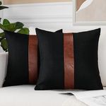 JOTOM Set of 2 Faux Leather Linen Patchwork Cushion Covers 45x45cm Stripe Patchwork Modern Throw Pillow Covers Farmhouse Decor Square Pillowcases for Outdoor Couch Living Room Bed Sofa Decor (Black A)