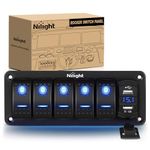 Nilight 5 Gang Rocker Switch Panel with 4.8 Amp Dual USB Charger Voltmeter Waterproof 12V 24V DC Rocker Switch with Night Glow Stickers for Car Trucks Boats RVs,2 Years Warranty