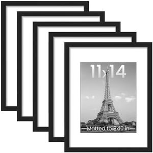 upsimples 11x14 Picture Frame Set of 5, Display Pictures 8x10 with Mat or 11x14 Without Mat, Wall Gallery Photo Frames, Black