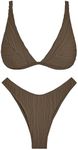 ZAFUL Womens Textured Bikini Set Cheeky Thong Bathing Suit with Bottoms Cheeky Bikini with Bottom Deep Coffee Large