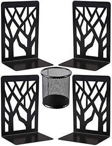 Aifanss Metal Bookends for Shelves, 4 Pcs Heavy Duty Tree Decorative Book Ends for Heavy Books with 1 Pencil Holder, Black Bookends Supports Non Skid Book Stand for Home Office School Library