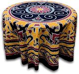 India Arts Elephant Batik Cotton Tablecloth, Cotton, Gold, Round 90 inches