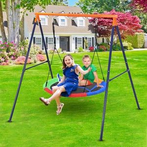 45 Inch Saucer Swing with Frame for Kids Outdoor, 440lbs Saucer Swing Set with Heavy-Duty Metal A-Frame and Adjustable Ropes, Round Swing Sets for Backyard, Playground and Park, 1 Seat