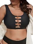 OYOANGLE Women's Plus Size Cut Out Scoop Neck Bikini Tops Swimsuit Athletic Tankini Top Black 1XL