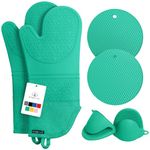 Rorecay Extra Long Oven Mitts and Pot Holders Sets: Heat Resistant Silicone Oven Mittens with Mini Oven Gloves and Hot Pads Potholders for Kitchen Baking Cooking, Quilted Liner, Pack of 6 (Jungle)