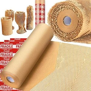 Honeycomb Packing Paper, MINHAO 15"x230' Eco Friendly Packing Paper for Moving Recyclable Honeycomb Paper Moving Supplies Bubble Paper Wrapping Protective Roll, With 36 Fragile Sticker Labels