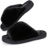 Snug Leaves Ladies' Deluxe Fluffy Memory Foam Slip on Slippers Cozy Faux Fur Lined Open Toe House Slides with Anti-Slip Indoor Outdoor Rubber Sole Black,Size 3-4 UK