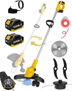4-in-1, Brushless Motor, 0.094″ Dual-Line Bump-Feed & Metal Blade & Saw, Cordless String Trimmer with Wheels, Two 3.0 Ah Batteries Charger, Electric Weed Eater, Weed Wacker for Compact Yards
