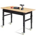 48" Adjustable Work Bench, Rubber Wood Top Workbench Heavy-Duty Work Table with Power Outlet,workbenches Wheels, 2000 LBS Load Capacity Hardwood Work Benches for Garage, Workshop, Home, Office