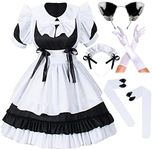 Girl Sweet Kawaii Costume Dress Anime French Maid Cosplay Furry Cat Ear Gloves Socks Set, Black-white