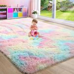 Rainbow Fluffy Rugs for Girls Bedroom, Unicorn Room Decor,Pastel Area Rug for Kids, Shag Carpet for Nursery, Soft Play Mat for Baby, Fuzzy Rug for Living Room, Plush Rug for Playroom, Throw Rug 5x8