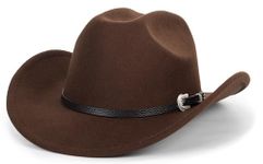 Brown Western Cowboy Hat for Men Women - Pinch Front Wide Brim Rodeo Hat Outdoor Fedora Hats with Belt, Brown With Band, Medium