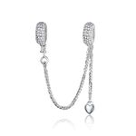 ARTCHARM Heart Safety Chain Charm 925 Sterling Silver Beads fit European Charms Bracelet & Necklace, Sterling Silver, Cubic Zirconia