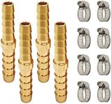 Brass Barb Union Fittings, LIONMAX Barb Splicer Mender Hose Fittings 4 PCS, 1/4 Inch to 1/4 Inch Barb Hose ID, with 8 Hose Clamps, for Air/Water/Fuel/Oil