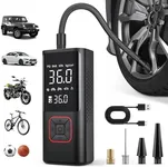 Powools Cordless Tire Inflator Portable Air Compressor - 150PSI Air Pump with Auto Shutoff Function for Car Tires, Inflatables, Motorcycle, Balls, Compact Bike Tire Pump with LED Light, Red, Large