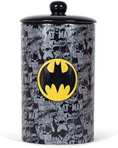 DC Comics Batman Vintage Ceramic Dog Treat Jar | 10"x 5" Dog Treat Jar with Lid | Dishwasher Safe Batman Black Dog Food Storage Container Cylinder for Dog Treats