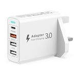 Multi USB Plug, 40W 4-Port USB C Plug Fast Charge PD+QC3.0 Fast Charger Plug & Dual USB Charger Plug Adaptor UK,USB Multi Charger for iPhone 15/14/13/12/11 Pro Max/XS/8,Samsung Galaxy S24/S23/S22/S21