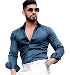 IndoPrimo Men's Casual Solid Satin Shirt for Men Full Sleeves - Crystal (Small, Air Blue)