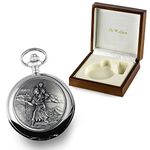 De Walden Boys Christening Engraved St Christopher Pocket Watch in Wood Box