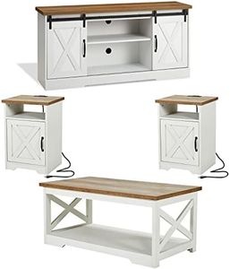 AMERLIFE 4-Piece Farmhouse Table Set Includes Sliding Barn Door TV Stand, Coffee Table& Two End Tables, Side Table with Charging Station and USB Ports, for Living Room, Bedroom, Distressed White, 66"