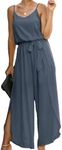 ECOWISH Women Long Pants Jumpsuit: Spaghetti Strap Casual Wide Leg Romper Summer V Neck Flowy Overalls with Belt Grey Blue L