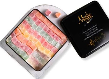 Mughe Gourmet Turkish Delight Candy Elegant Metal Gift Box - 2.87lb/1300gr - Halal, Vegan Lokum Gifts Fruit Flavor Orange, Rose, Strawberry, Lemon, Mint - Perfect Gifts for Birthday, Christmas