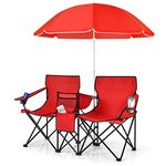 TANGZON Double Camping Chair, Portable Folding Loveseat Chair with Umbrella and Carry Bag, Outdoor Leisure Lover Chairs for Finishing, Picnic, Travel, Hiking, Beach and BBQ (Red)