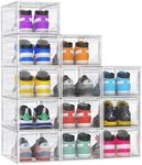 Kjfeoiye 12 Pack Hard Sturdy Thickened Rigid XX Large Shoe Storage Organizer for Closet, Clear Stackable Sneaker Shoe Boxes Rack Containers Display Case Bins with Lids, White