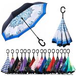 CICILIAYA Double Layer Folding Inverted Umbrella, Self Stand Upside-down Rain Protection Car Reverse Umbrellas with C-shaped Handle Big Straight Umbrella (Blue 4)