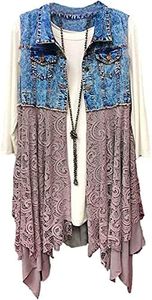 FindThy Women’s Denim Vest Sleeveless Ripped Draped Patchwork Cardigan Jean Vest with Irregular Lace Extender Hem(0475-Blue-S-LB)