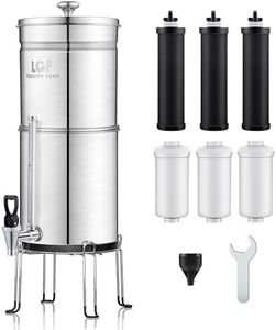 LCF Upgrade 3 Gallon Gravity-fed Water Filter System with 𝐒𝐢𝐥𝐯𝐞𝐫 𝐈𝐨𝐧𝐬 Enhanced Filtration - Reduces Fluoride & Up to 99% Chlorine - Includes 6 Filters, Metal Water Level Spigot & Stand