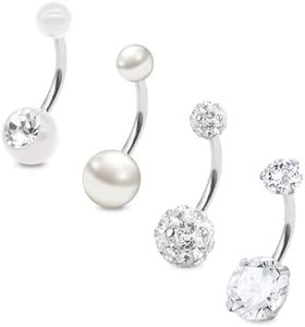 MODRSA 14 Gauge Piercing Ombligo Anillo Acero Inoxidable Cristal Bola & CZ Perla Mujer Hombre Piercing Vientre Banana 10mm Joyas para el Cuerpo - Plata