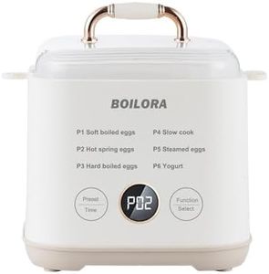BOILORA Smart Egg Cooker with Timer for Hard Boiled Eggs 6-in-1 Egg Boiler and Steamer with Stainless Rack 24H Reservation BPA-Free Auto Shut Off for Home Dorm Office