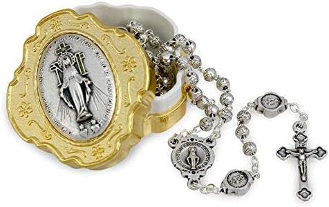 Catholic Rosary Beads with Metal Keepsake Gift Box Set (Miraculous Medal Gold Tone)