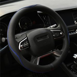 Valleycomfy Car Steering Wheel Covers 37-39 cm Steering Wheel Cover Faux Leather Universal Breathable Anti-Slip & Odour-Free Black with Blue Line