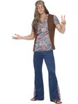 Smiffys Orion the Hippie Costume, Blue with Top, Trousers, Headscarf & Medallion, 1960's Groovy Fancy Dress, Adult Dress Up Costumes