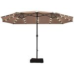 DORTALA 15 Ft Solar LED Patio Double-Sided Umbrella w/Base, Outdoor Twin Umbrella, Extra Large Umbrella w/ 36 Solar Powered LED Lights & Crank System for Garden, Deck, Poolside, Patio, Tan