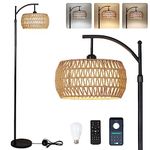 Arc Floor Lamp with Remote Control, Dimmable LED Floor Lamp with 3 Color Temperature, Black Standing Lamp with Rattan Fabric Double Drum Shade, Boho Farmhouse Tall Pole Lamp for Living Room Bedroom