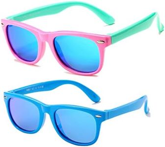AZorb Kids Polarized Sunglasses TPEE Rubber Flexible Frame for Boys Girls Age 3-8, 100% UV Protection (Pink Green/Blue Mirror + Blue/Blue Mirror)