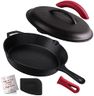 Cuisinel Cast Iron Skillet with Lid - 12"-inch Pre-Seasoned Covered Frying Pan Set + Silicone Handle & Lid Holders + Scraper/Cleaner - Indoor/Outdoor, Oven, Stovetop, Camping Fire, Grill Safe Cookware