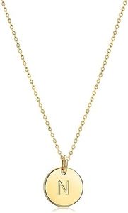 Bemoly Initial Necklace for Women Round 11MM Coin Disc Double Side Engraved Letter N Hammered Pendant 14K Gold Plated Personalized Alphabet Birthday Jewelry 17.5"