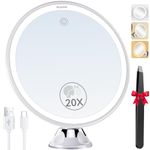 Auxmir 20X Magnifying Mirror, Rechargeable LED Magnifying Mirror with Strong Locking Suction Cup, 360° Rotating 3 Light Colors Dimmable Touch Switch for Shaving Bathroom with Tweezer