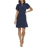 DKNY Women's Front Tie Ruffle Neckline Trapeze Dress, Spring Navy, 16