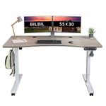 bilbil Electric Standing Desk 55 x 30 Inches, Height Adjustable Sit Stand Desk with Splice Board, Casters with Brake, White Frame/Oak and White Top