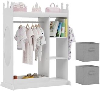 Glaf Kids Dress up Storage with Mirror, Kid Armoire Wardrobe with 3 Hooks and Fabric Storage Bins, Opening Hanging Baby Closet for Nursery, Kids Room, Preschool (White Wash)